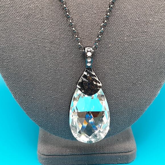 Large Crystal Teardrop Necklace, Long Gunmetal Gray Chain, 42" - Picture 2 of 9
